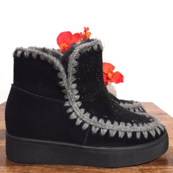 Waterproof Blondo Anabel Women's Cow Suede & Faux Fur Black Sparkly Ankle Boots - Picture 1 of 9